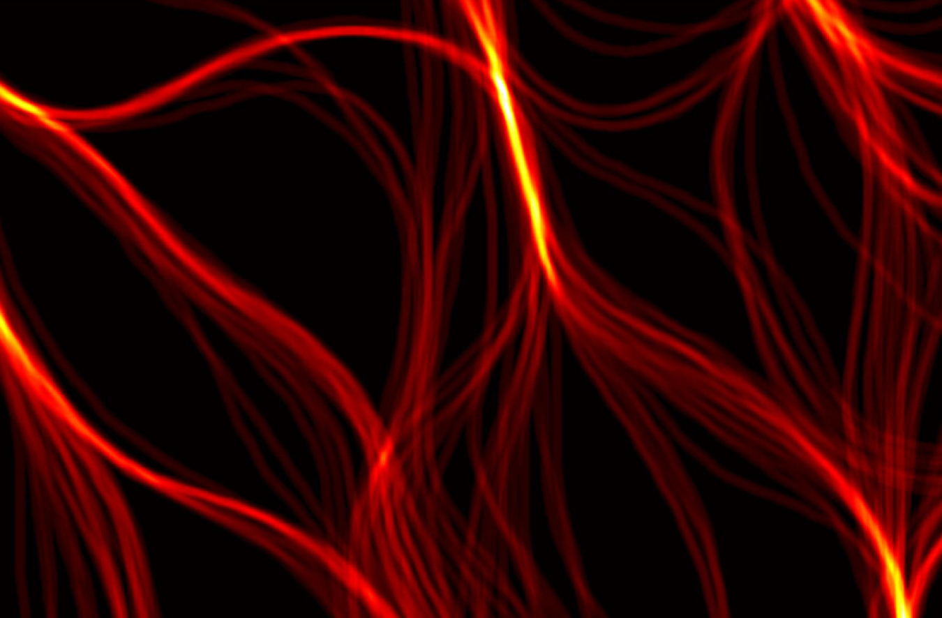 Glowing bright red-orange lines that look like root structures of plants across a black background