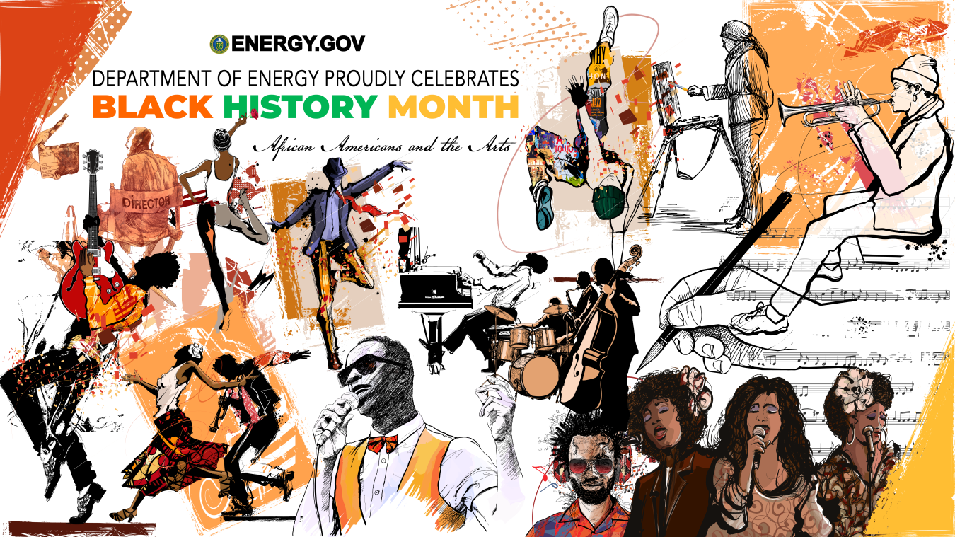 Graphic with the words, Department of Energy proudly celebrates Black History Month. Depicts people playing the piano, dancing, singing, and more. 