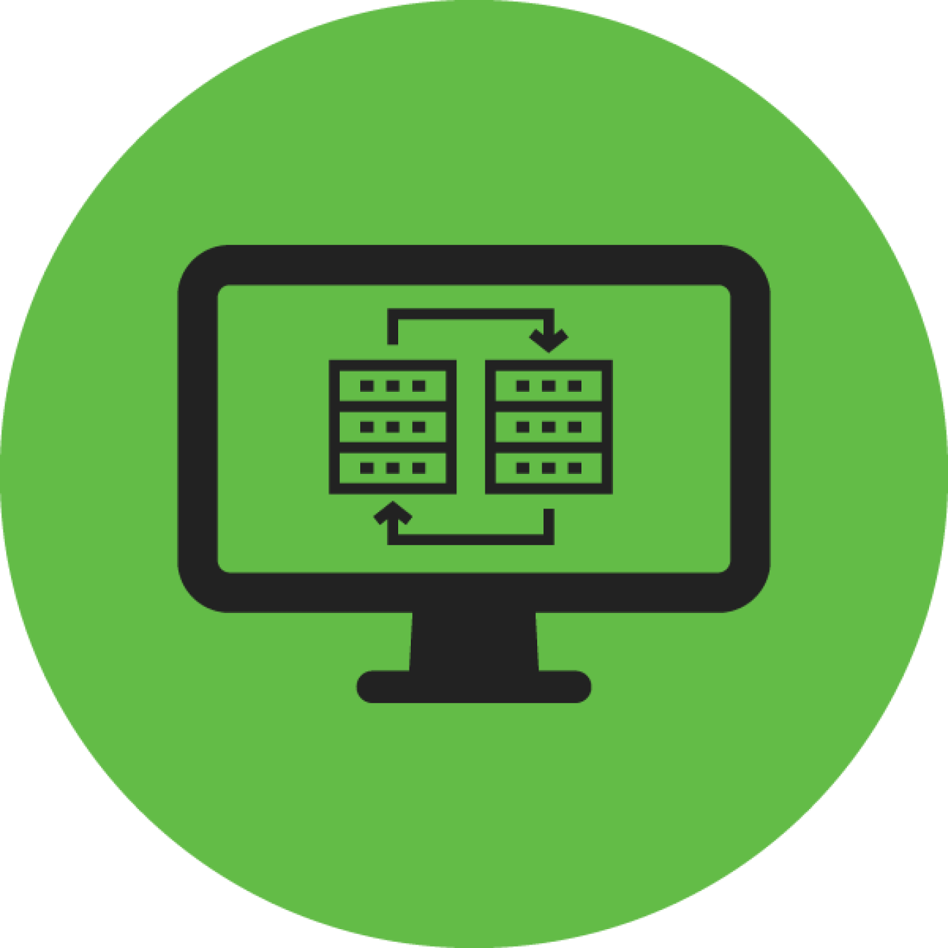 a graphic showing a computer monitor with a server graphic transferring data