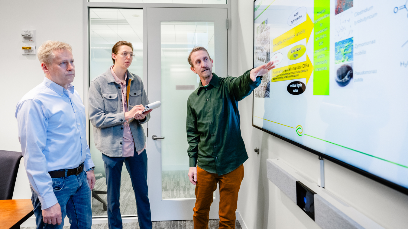 Three researchers looking at a presentation