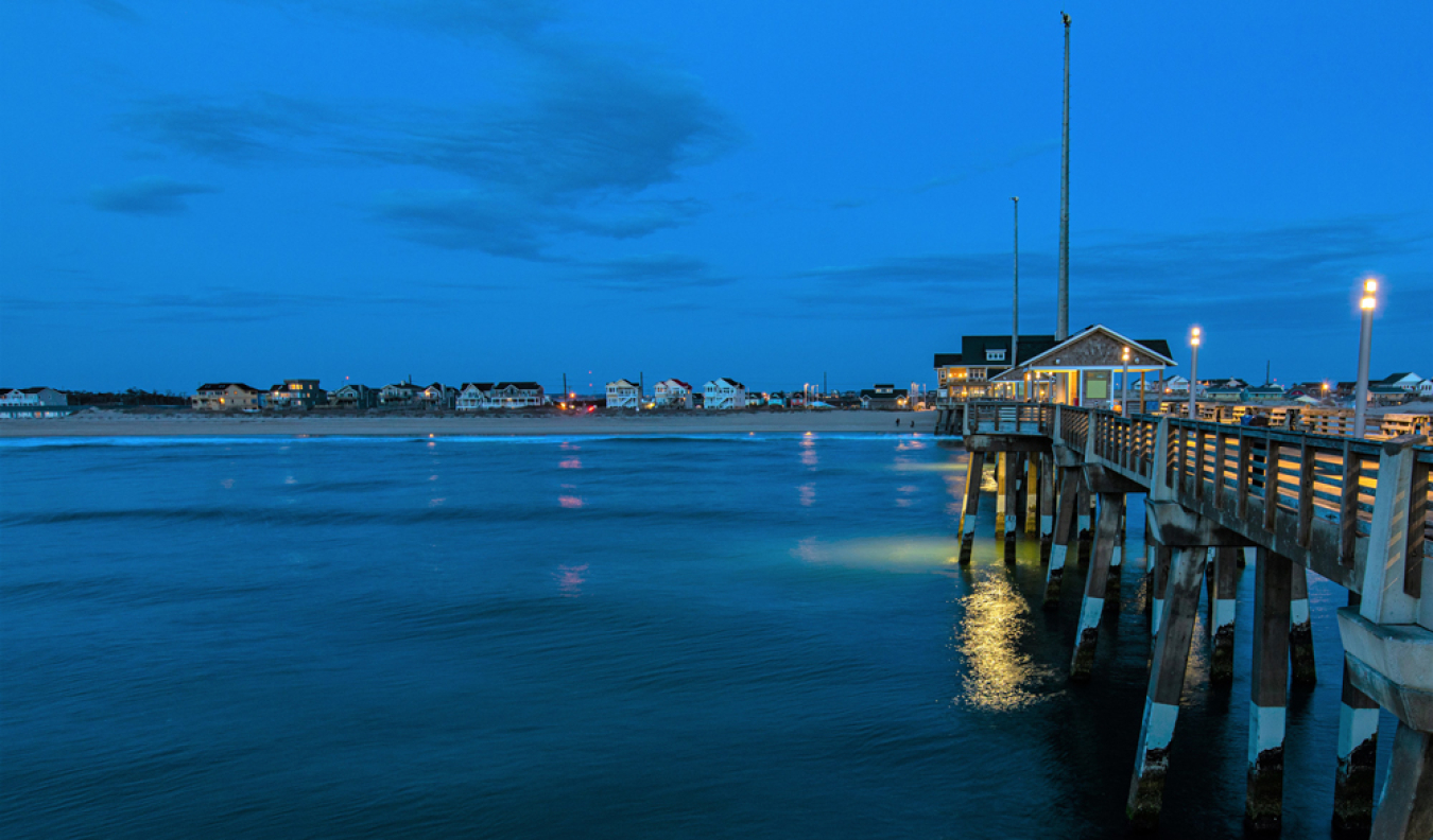 The ocean with a pier on the right side and the beach and houses in the background.