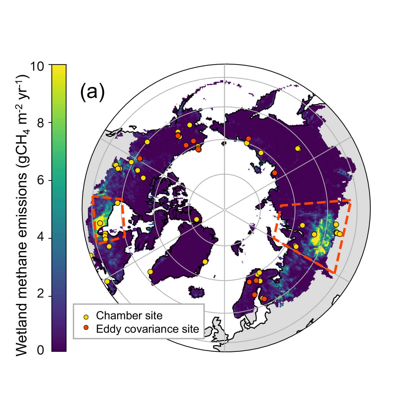 Map from publication that shows specific location and size of wetland methane hotspots in the Arctic and Boreal region.