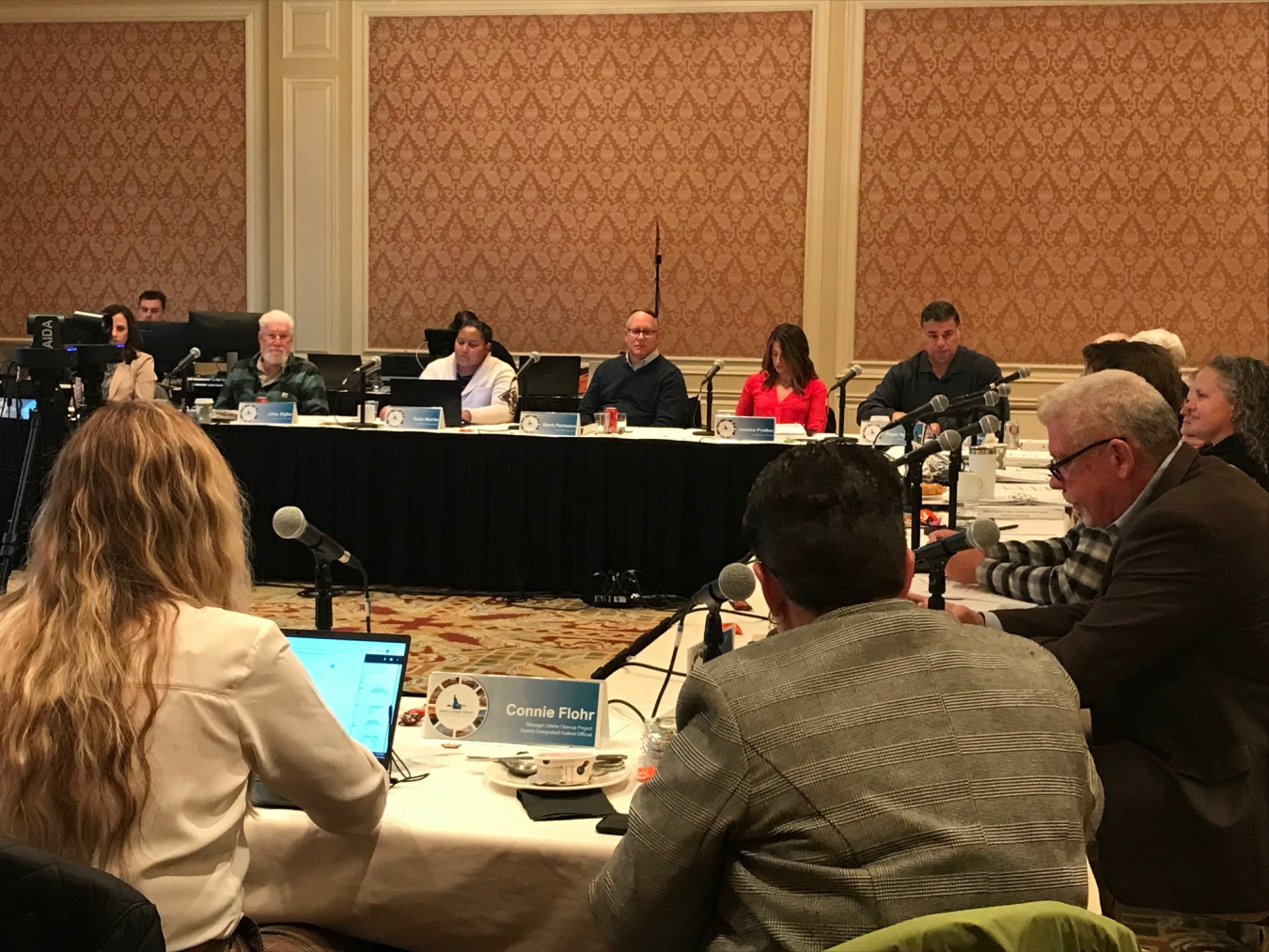 CAB members and others sit at tables during a meeting