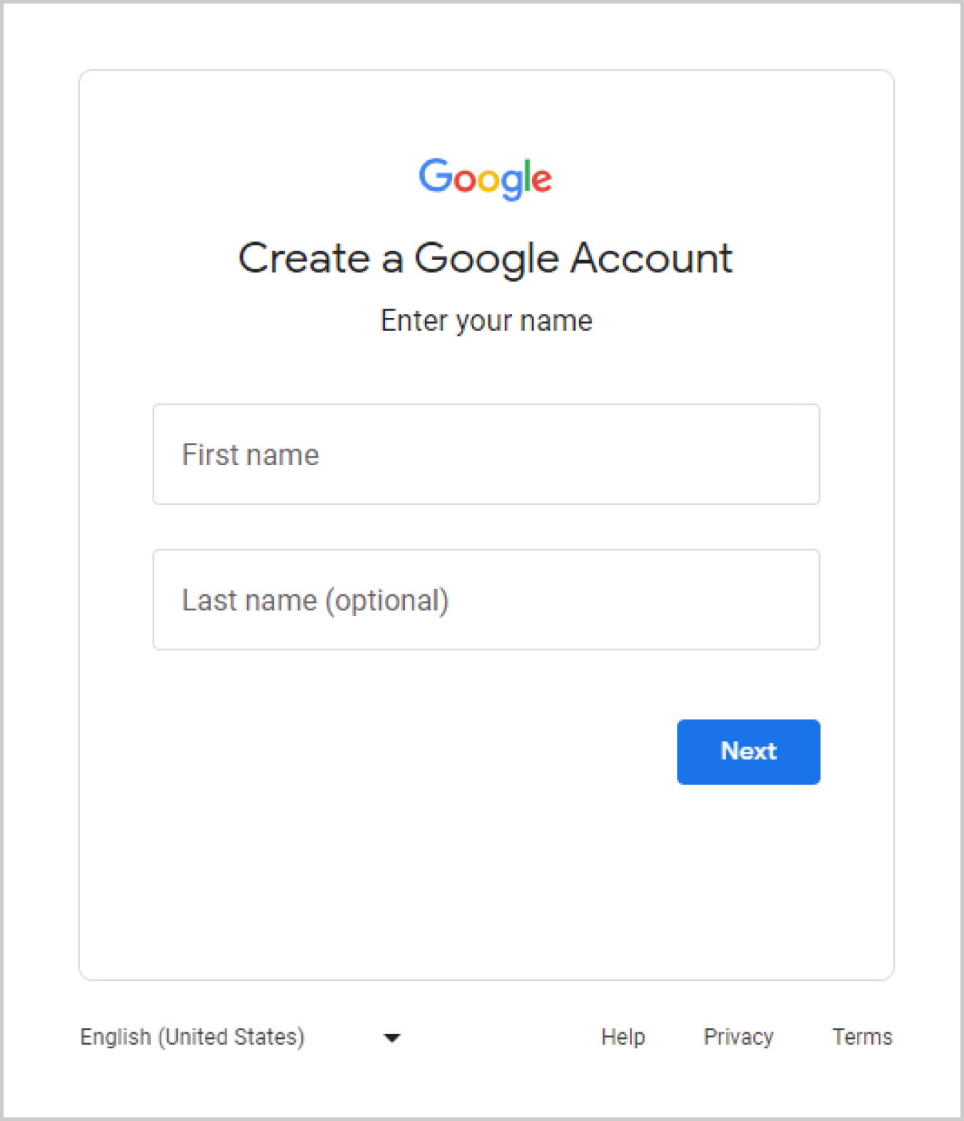 Screenshot of the first name and last name fields when creating a Google account with your federal or business email address.