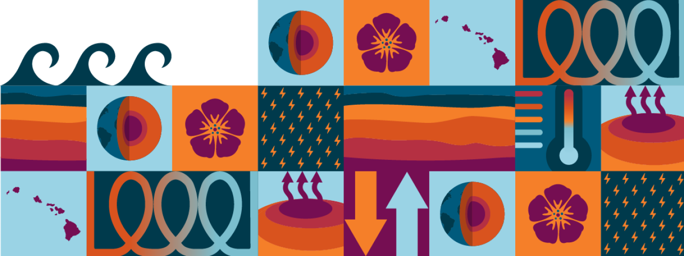 A collage of geothermal and Hawaiian graphics in blues, oranges, and purples, including subsurface layers, geothermal heat pump coils, a bird's eye view of Hawaii, waves, and hibiscus.