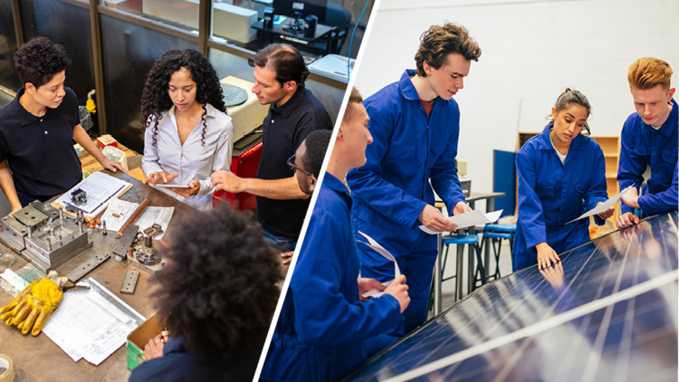 Solar energy engineers and workers collaborate.  