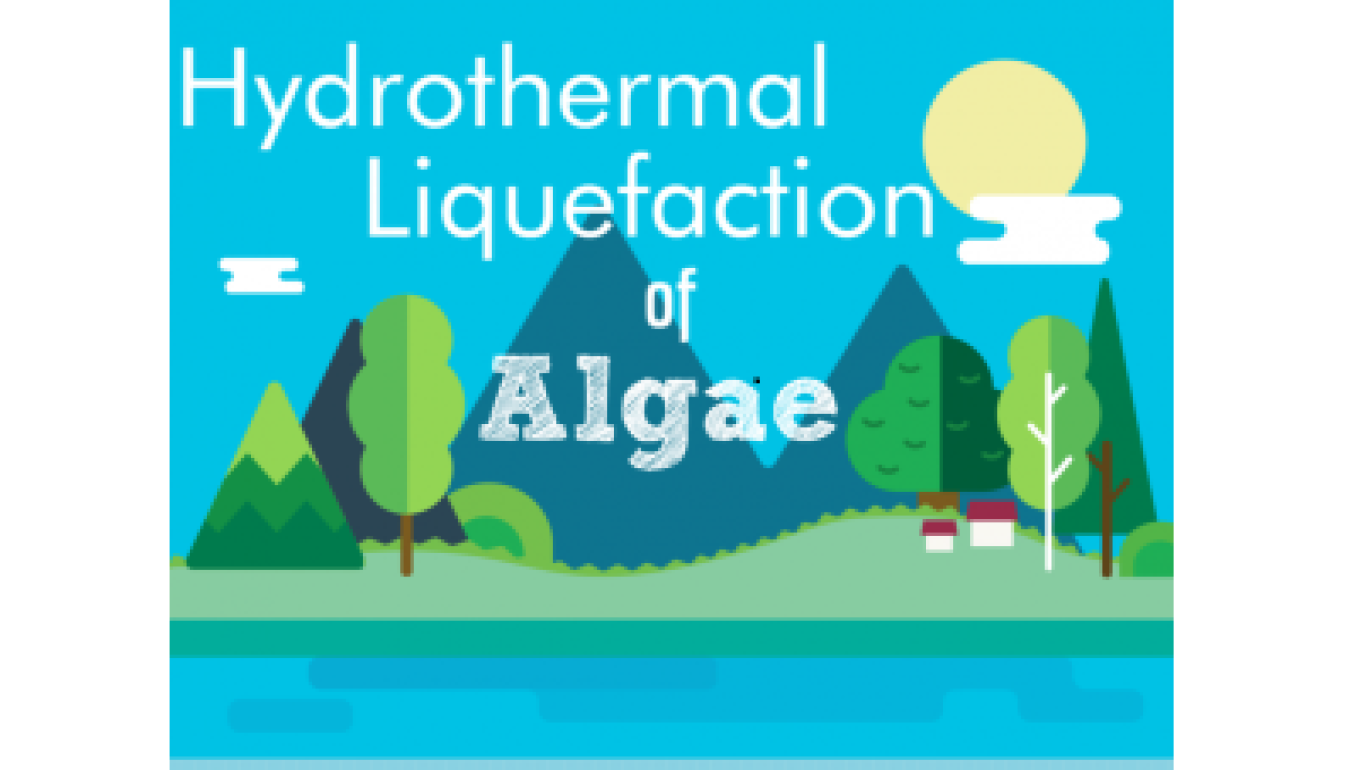 a picture of a cartoon looking forest with a mountain and river, with the text "Hydrothermal Liquification of Algae" 