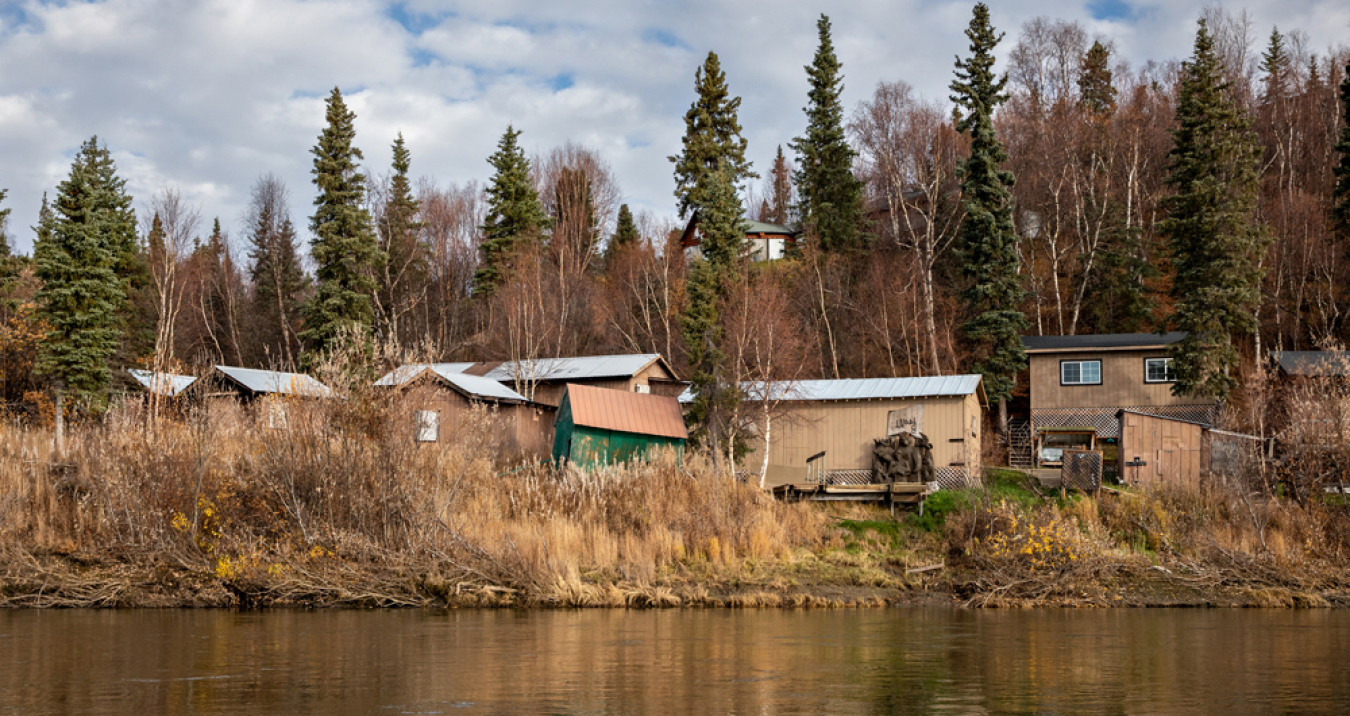 A cluster of small buildings by trees and a body of water