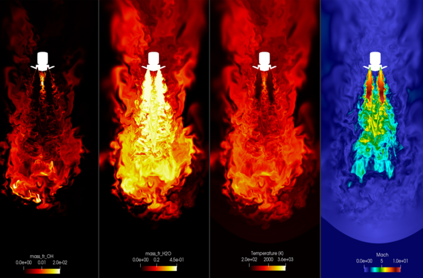 Four different images from the same instant in the computer simulation that illustrate different aspects of what is being measured. Three of them look like fiery gases in red and orange. The last one looks as if the planet is in blue and the gases are in light blue, green, and yellow.