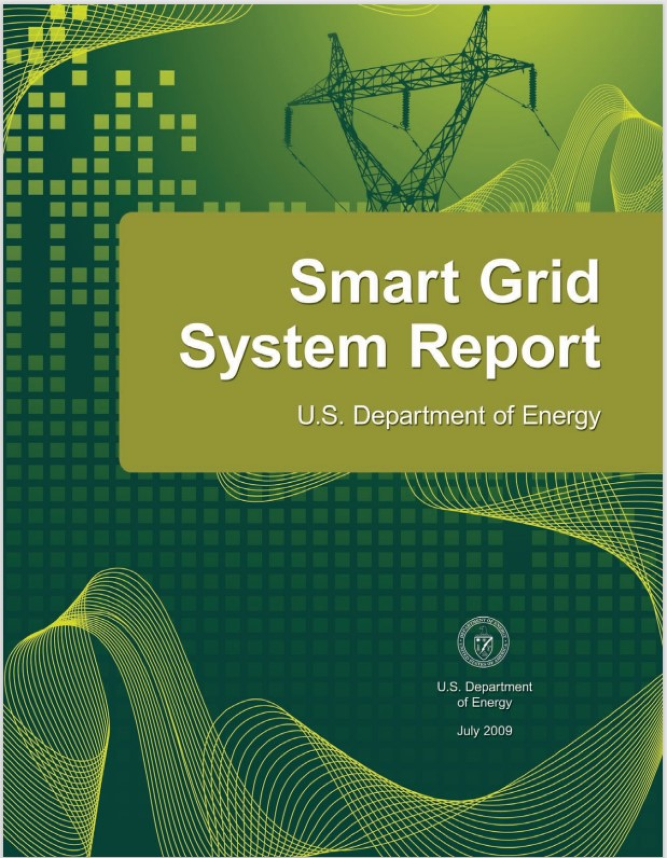 Cover of Smart Grid System Report with a green background with a stylized ribbon and transmission tower. 