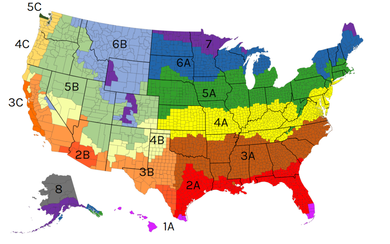 Map of the United States with various climate zones labeled and color-coded.