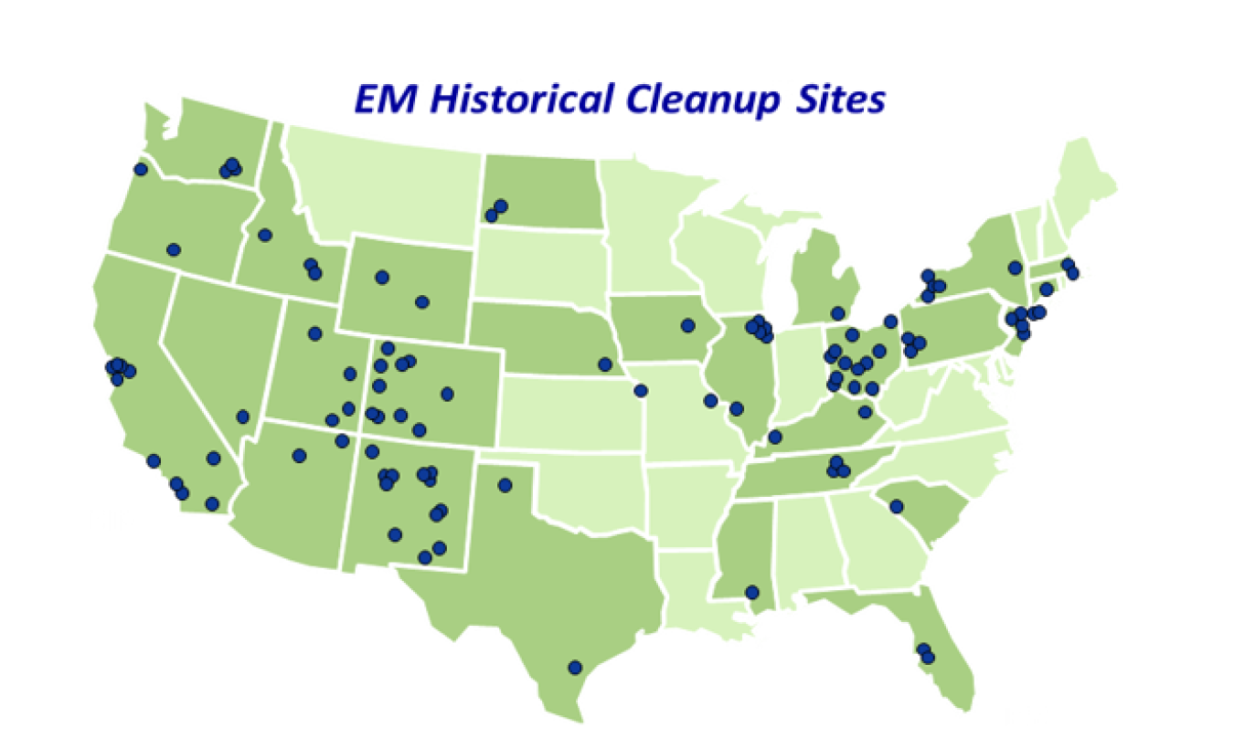 Map of the United States of America with dots at all the historical EM cleanup sites