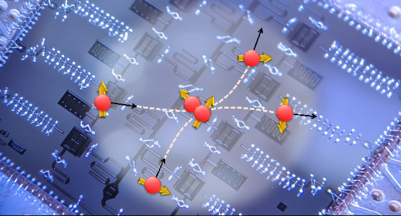 A depiction of the collision of two neutrons simulated on a quantum chip at the Advanced Quantum Testbed.