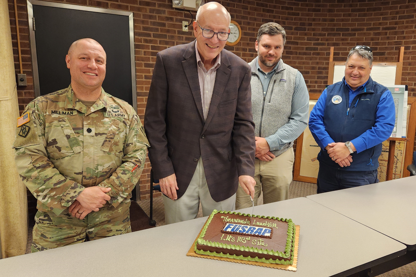 Lt. Col. Lyle Milliman, commander USACE-Buffalo District; Joseph Emminger, Town of Tonawanda supervisor; Matthew Sutton, Town of Tonawanda engineer; and LM Director Carmelo Melendez celebrate the upcoming site transfer. 