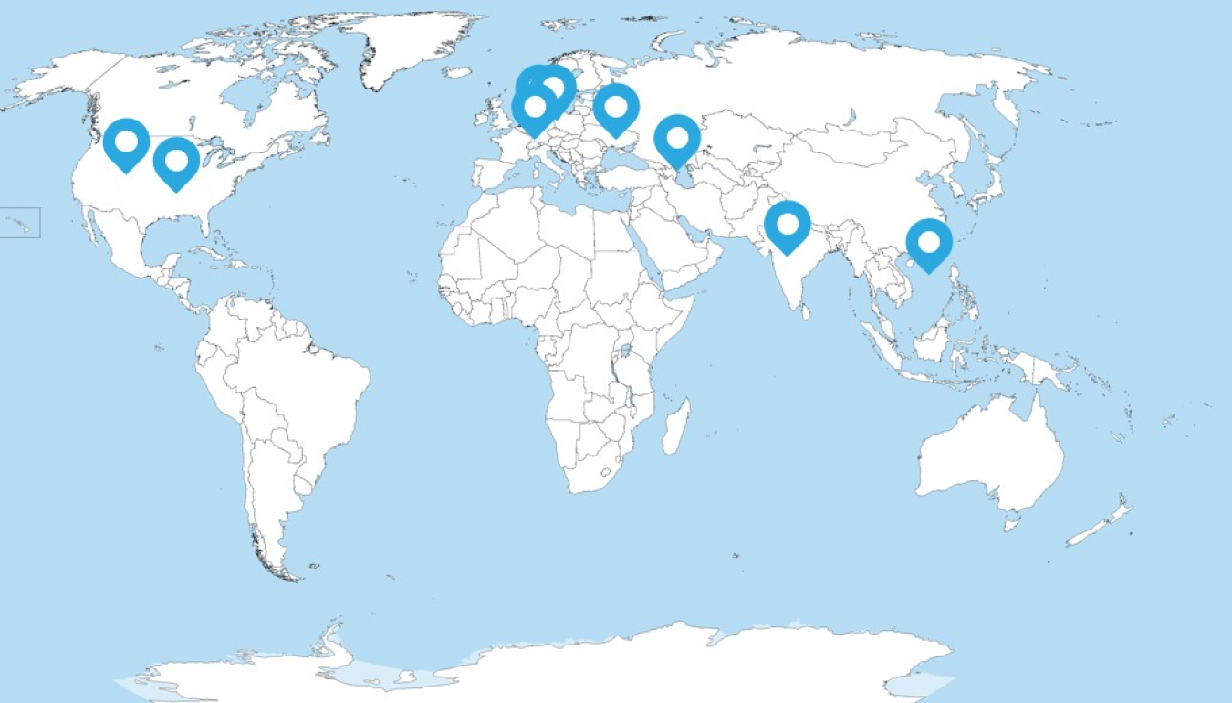 Map of world showing continents affected by cybersecurity attacks. 