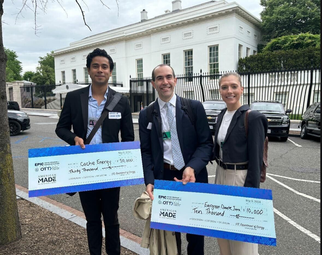 First Place winner, Cache Energy (Arpit Dwivedi) with Ian Adams and Rachel Sebald, Evergreen Climate Innovations at the White House Eisenhower Executive Office Building. 