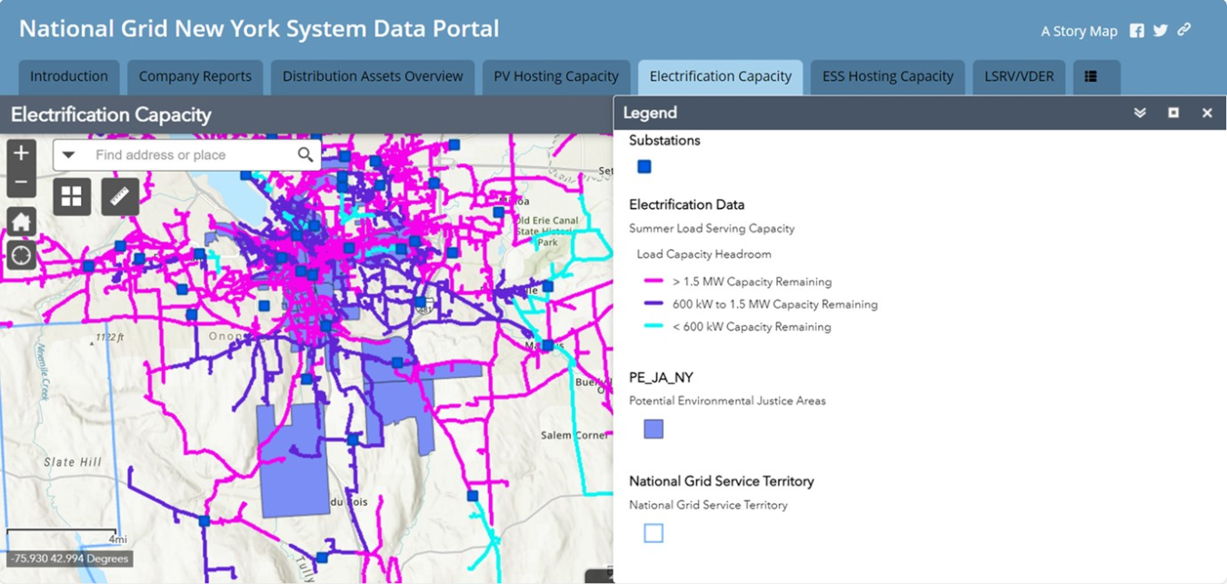 Screenshot of National Grid's New York capacity map, showing Syracuse and surrounding areas in central New York