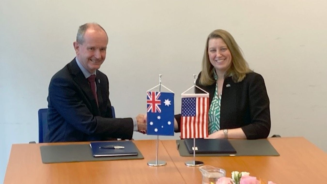 Corey Hinderstein, NNSA’s Acting Principal Deputy Administrator and Dr. Miles Apperley, Group Executive Nuclear Safety, Security & Stewardship for the Australian Nuclear Science and Technology Organisation, show the signed agreement.