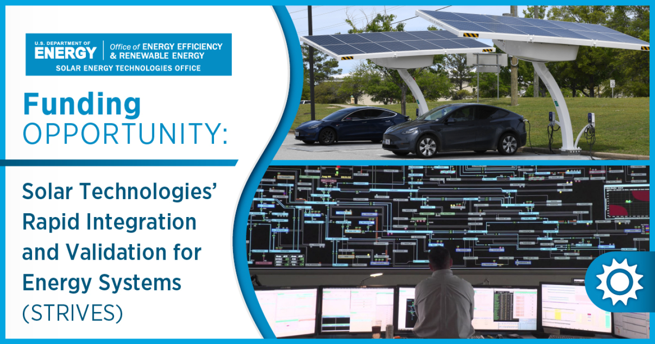Graphic for the SETO STRIVES funding opportunity, showing electric vehicles under solar panels and a grid operator in a control room