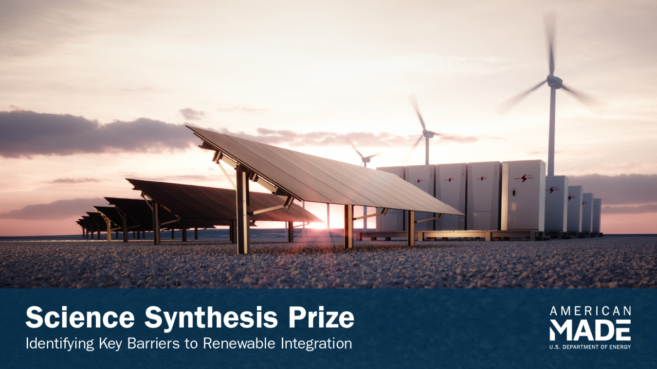 Solar panels with wind turbines and energy storage facilities in the background at sunrise. The words Science Synthesis Prize are in the left hand corner. 