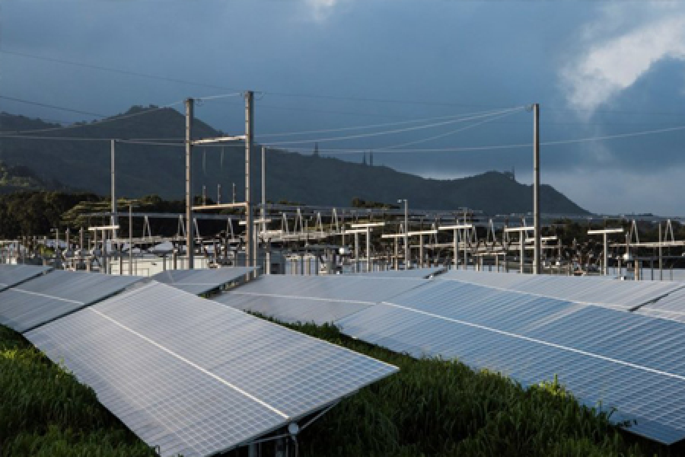 An array of solar panels in Hawaii with power lines and mountains in the background.