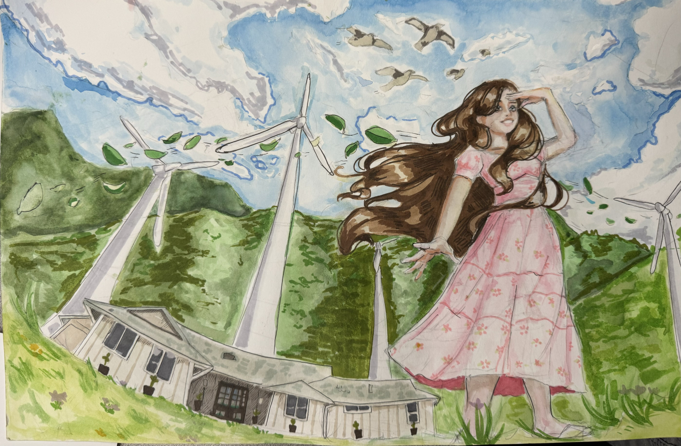 Drawing of a girl in a pink dress next to multiple wind turbines, hair windswept. 