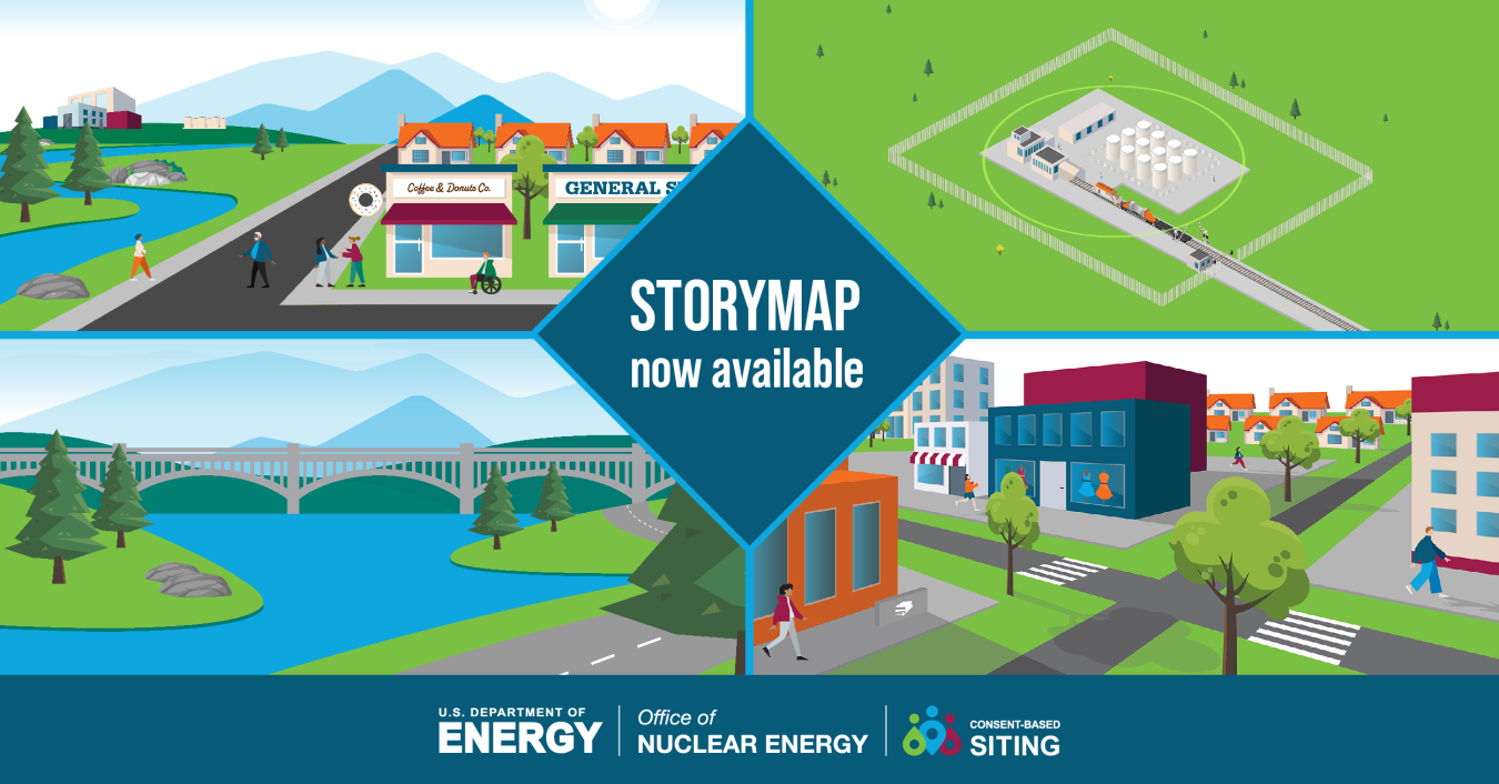 Collage of four graphics with the words "Storymap now available" in the center where they meet, and the logos at the bottom of DOE, NE and Consent-Based Siting.