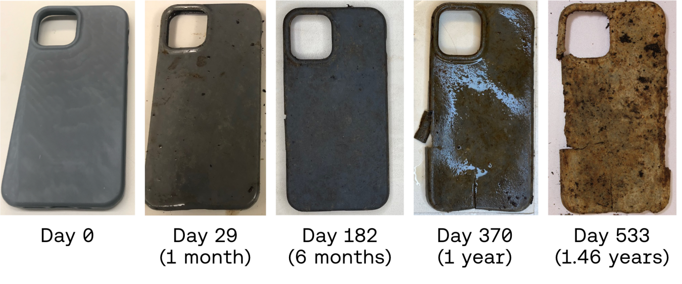 
Figure 4. Time course of biodegradation in home compost of a cell phone case made with Soleic® thermoplastics.