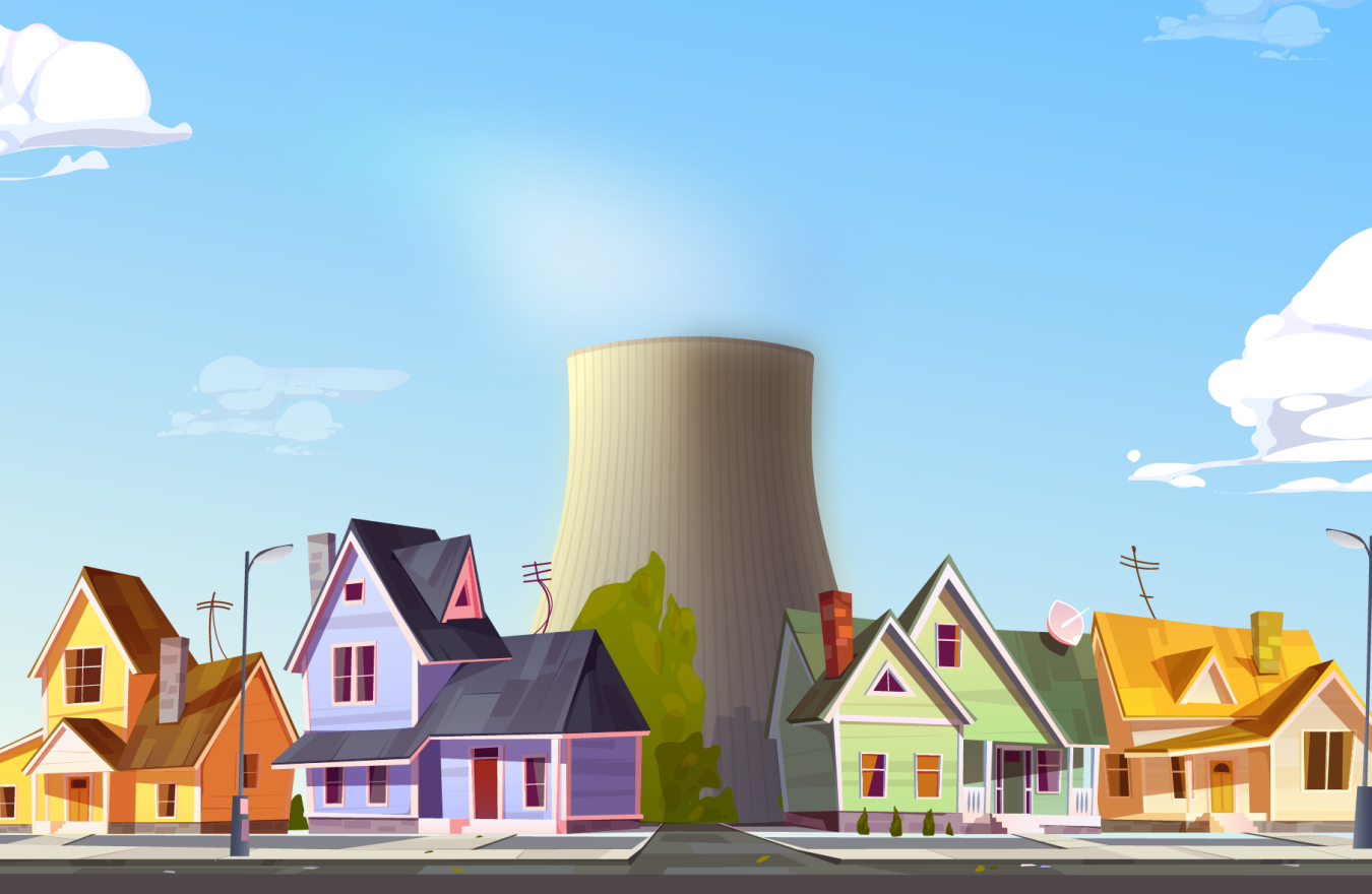 Illustration with colorful houses and a nuclear cooling tower