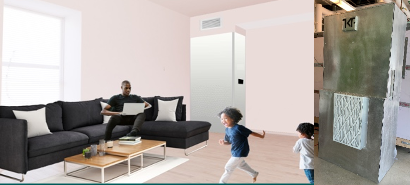 Man sitting on a couch in a living room, reading, with two small children playing nearby in the room. Another photo next to it of mechanical system pod.