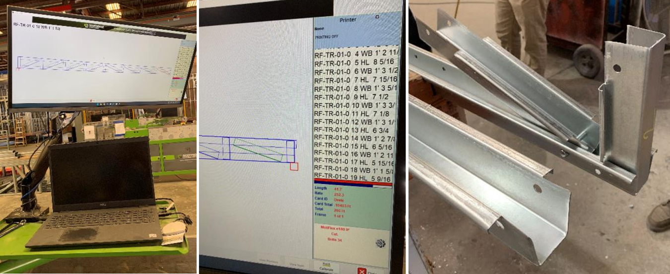 Left and Center: Software files showing roof truss parts to be “printed”; Right: Printed roof truss parts for final assembly.