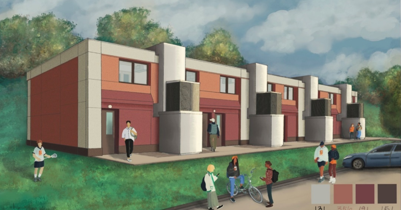 Rendering of a four-unit, two-story apartment building with people milling around outside the front.