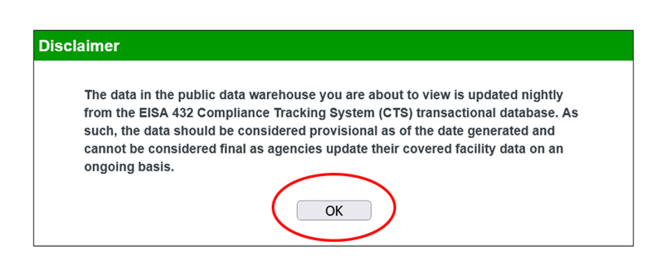 When you first arrive at the website, you'll be asked to read a disclaimed and click "OK" before proceeding to the publicly disclosed agency data.