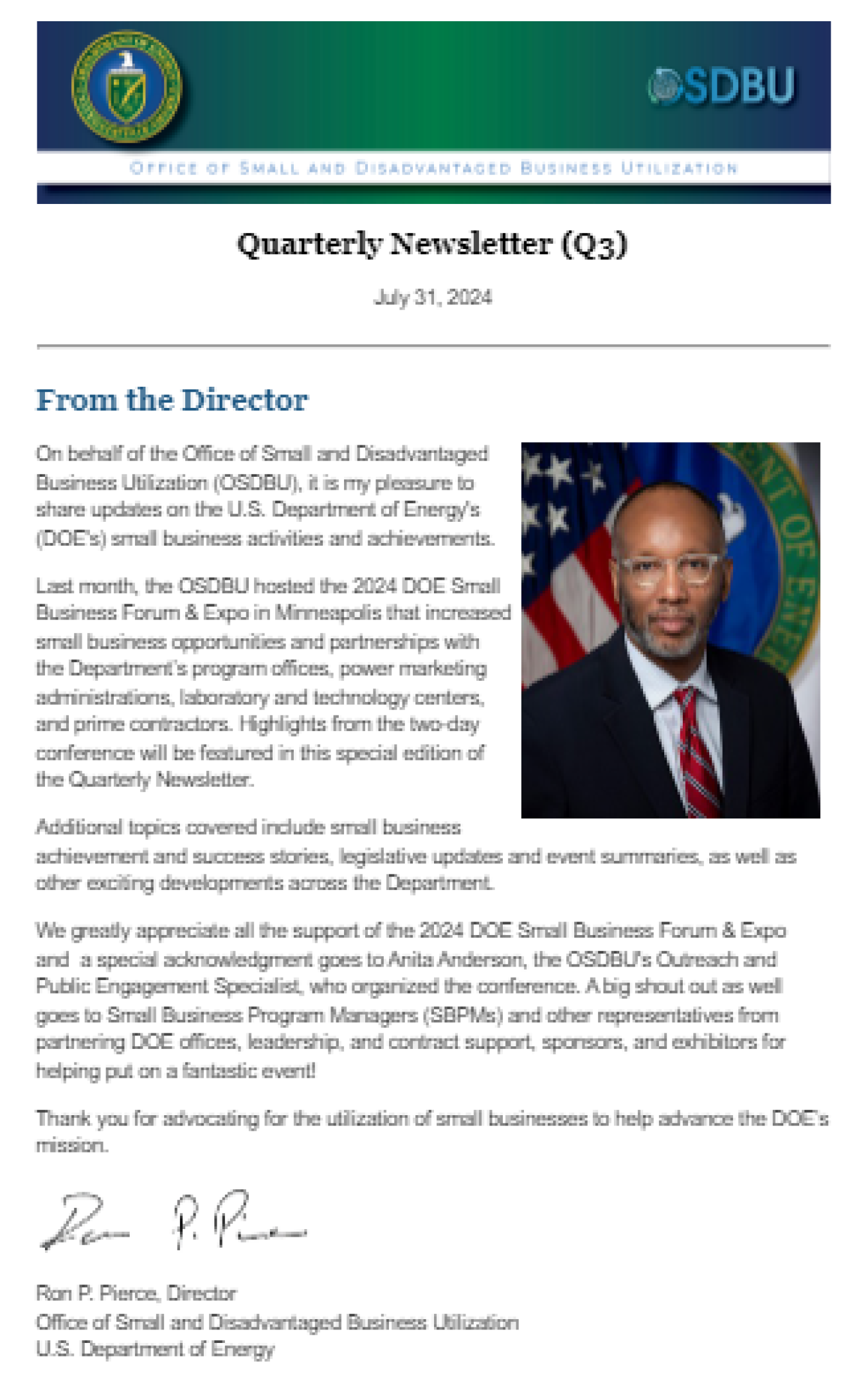 Cover page of OSDBU Quarterly Newsletter Q3 FY 2024