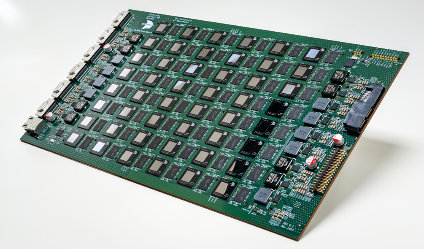 Large green Sandia server board integrating 48 SpiNNaker2 