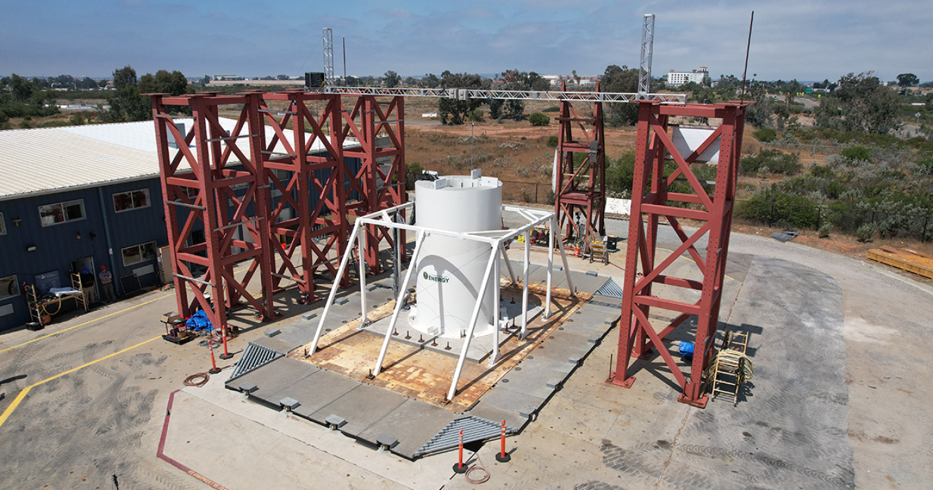 Aerial view of the shake table test with nuclear fuel storage cast.