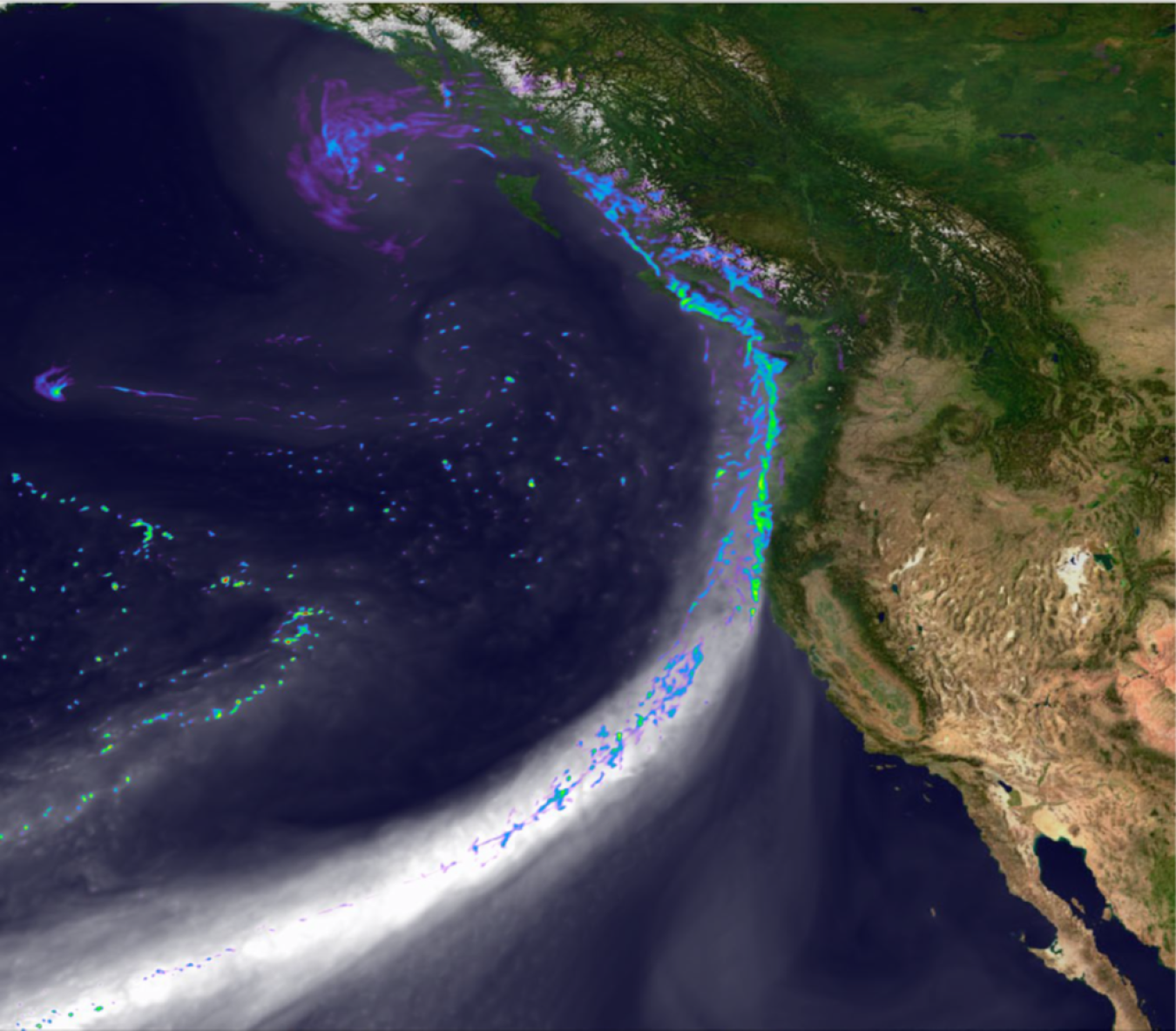 Snapshot of the simulated landfall of an atmospheric river along the west coast of North America on February 11, 2020. Grey tones depict water vapor. Colors indicate precipitation intensity from blue (light rain) to green (very strong precipitation). 