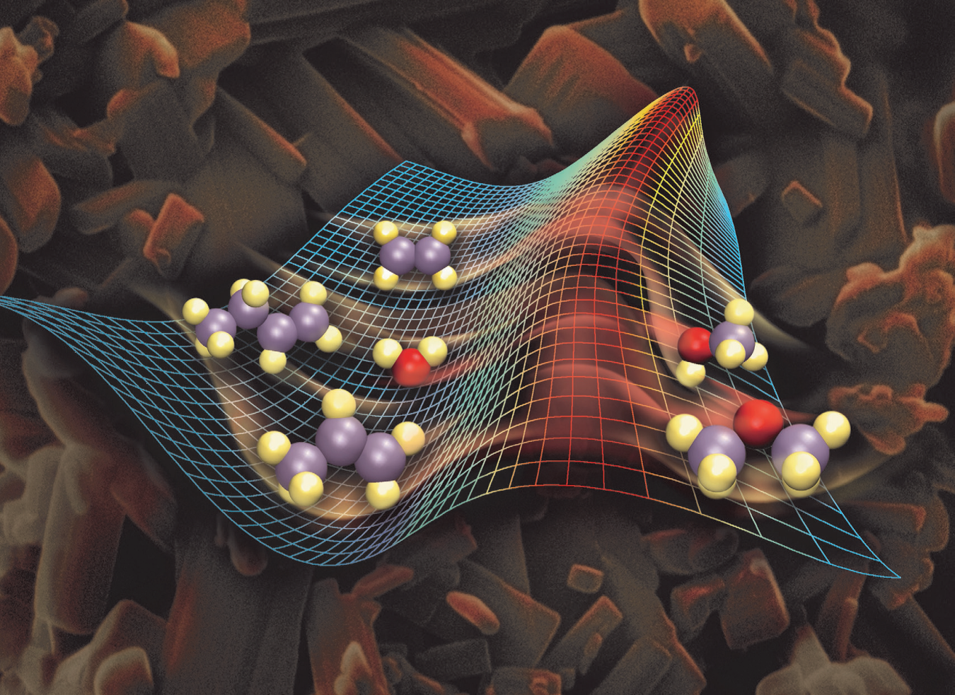 A real catalyst (background image) and a schematic of a catalytic step (foreground image). Reacting molecules (at left) acquire energy to climb the energy barrier and convert into product molecules (at right).