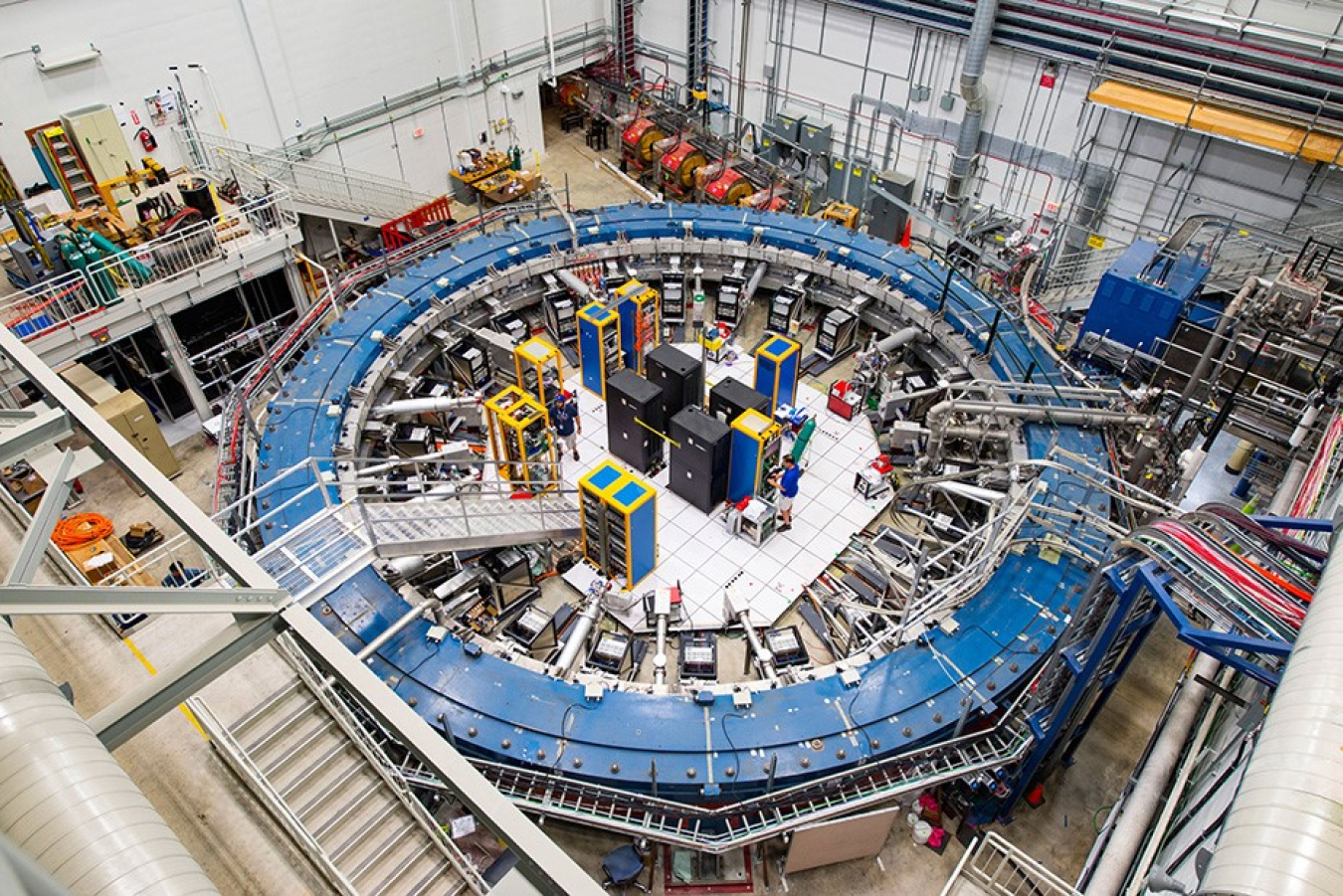 The Muon g-2 storage ring at Fermilab, where scientists conduct experiments to better understand the properties of the muon and probe the Standard Model of particle physics.