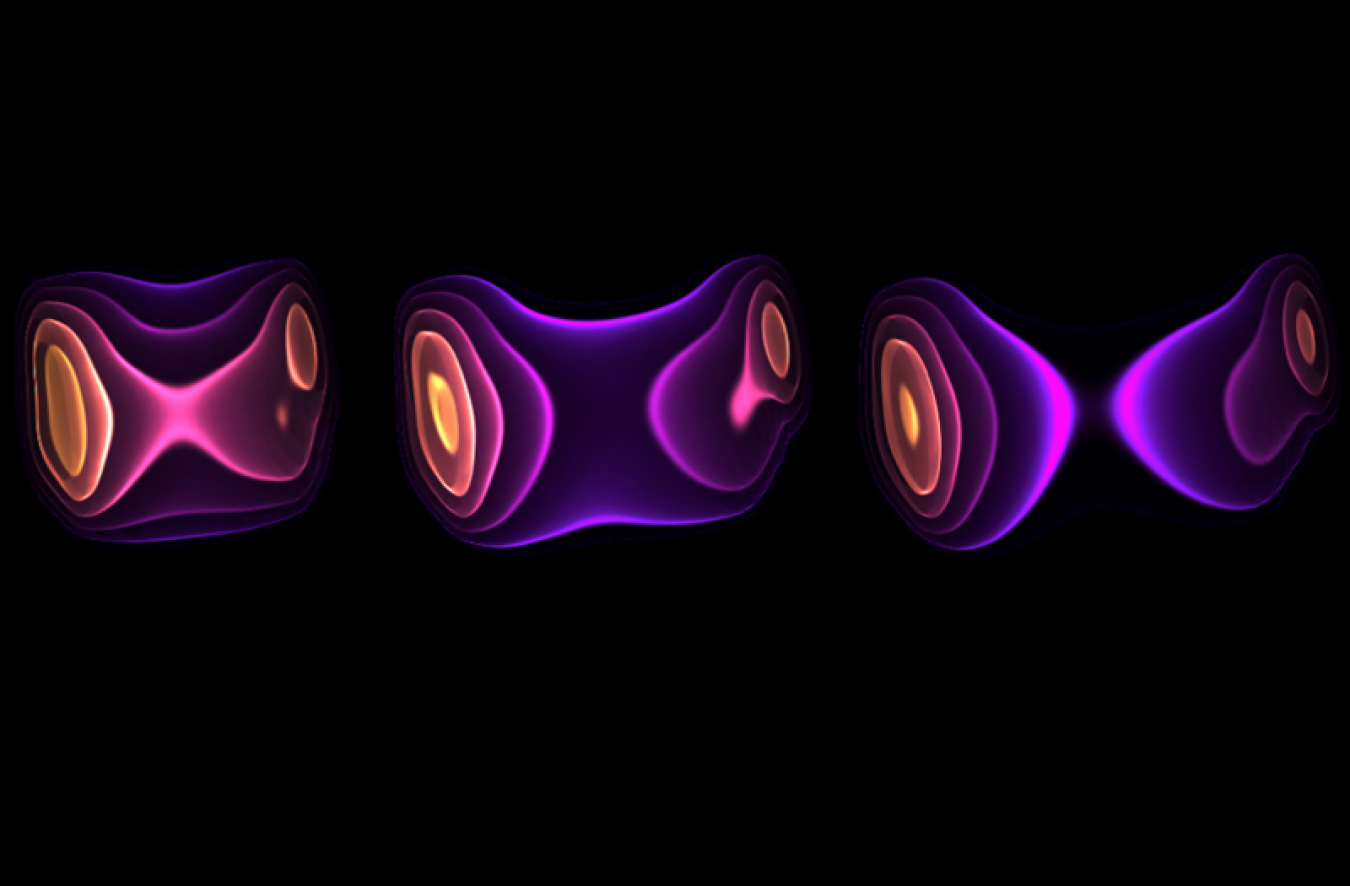 A computer simulation showing a blob of purple with concentric circles, going from purple inward to yellow on the left and right. The circles on the right are smaller and higher up than the ones on the left.