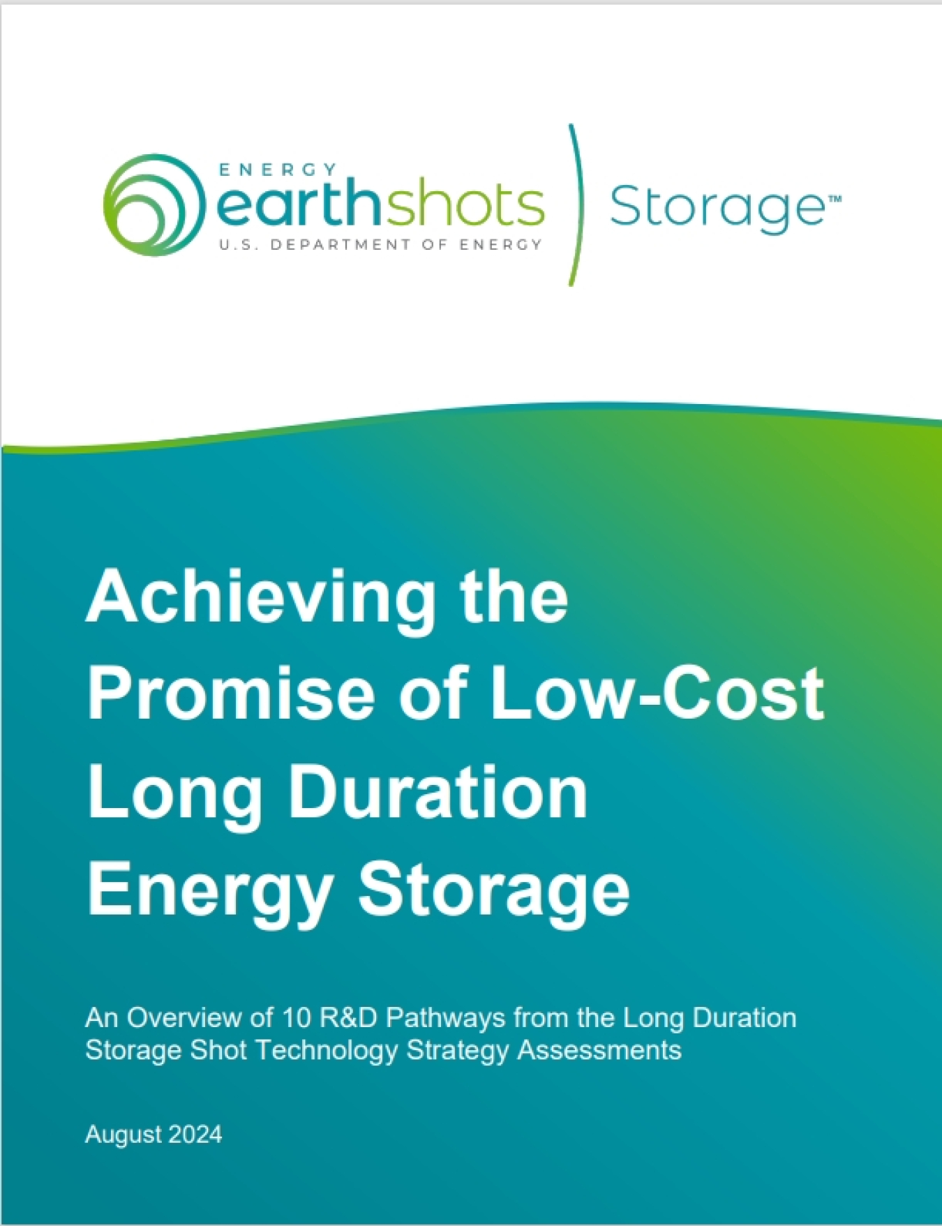 White and blue cover of the Achieving the Promise of Low-Cost Long Duration Energy Storage cover with Energy Earthshot Storage logo at the top.