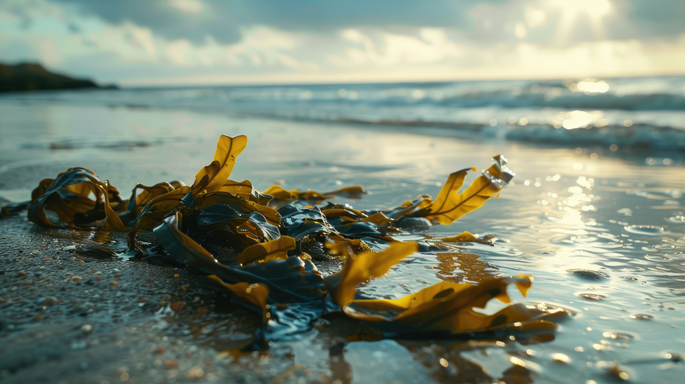 Seaweed on the beach with sun coming through clouds in background