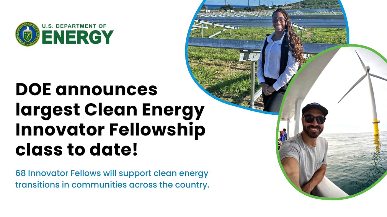 Two images show young adults taking selfies with clean energy technology.