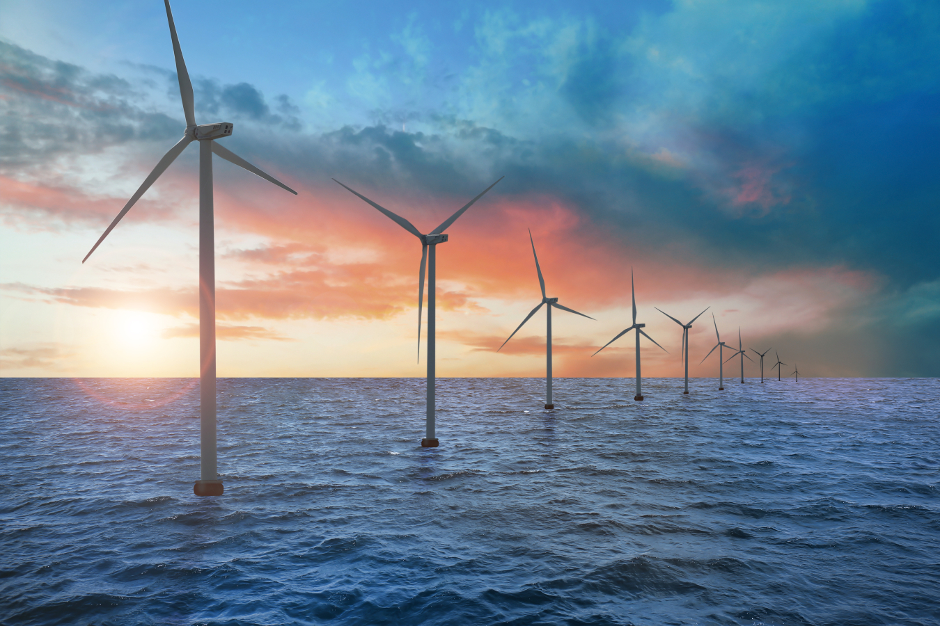 Wind turbines floating in ocean waters