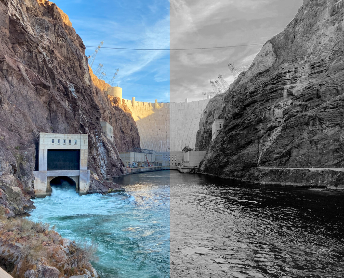 A photo of the Hoover Dam, with the left half in color and the right half in black and white, symbolizing half the power of the dam