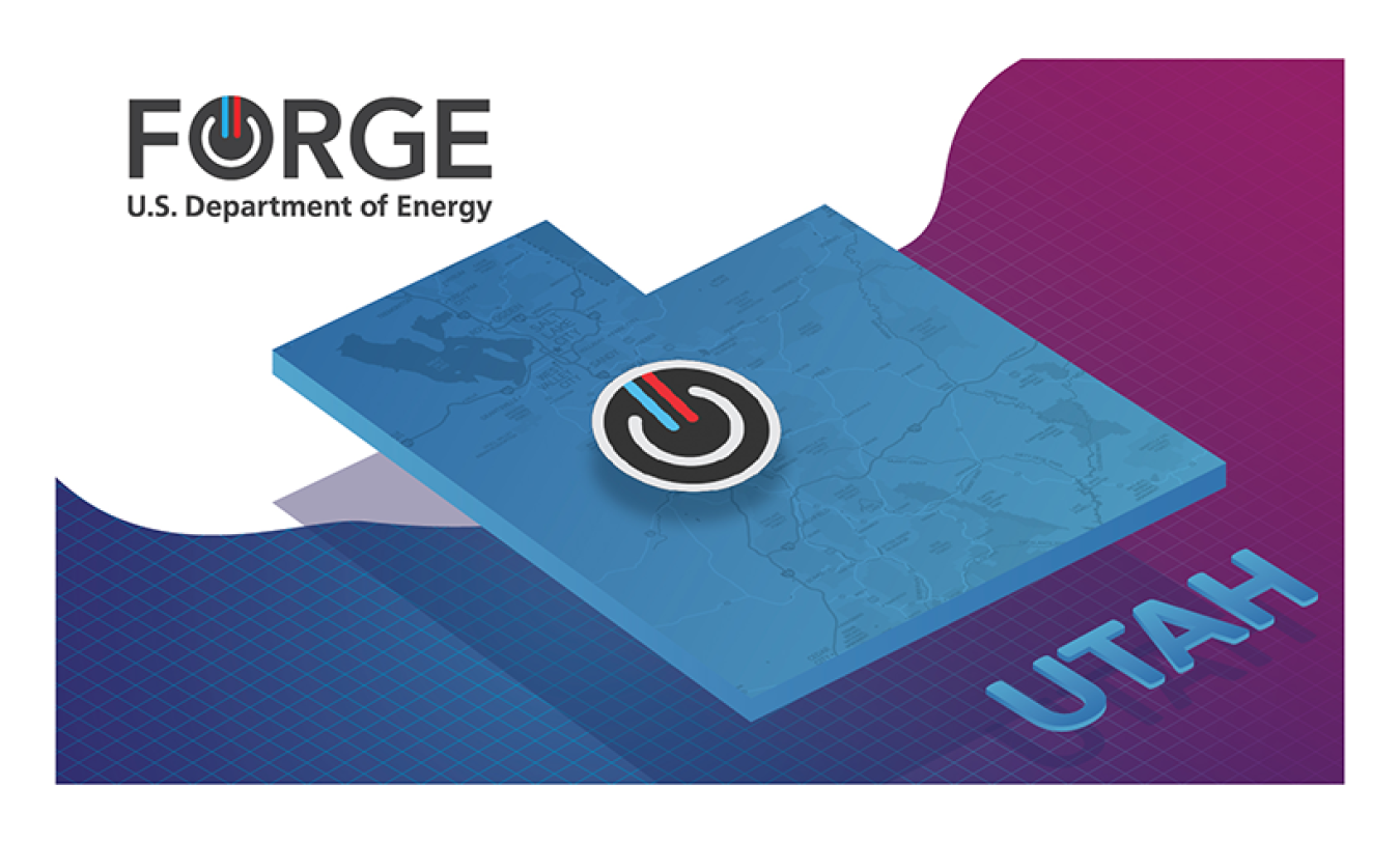 Image of the state of Utah with the FORGE icon in the middle-west of the state. Image text is FORGE | U.S. Department of Energy | Utah