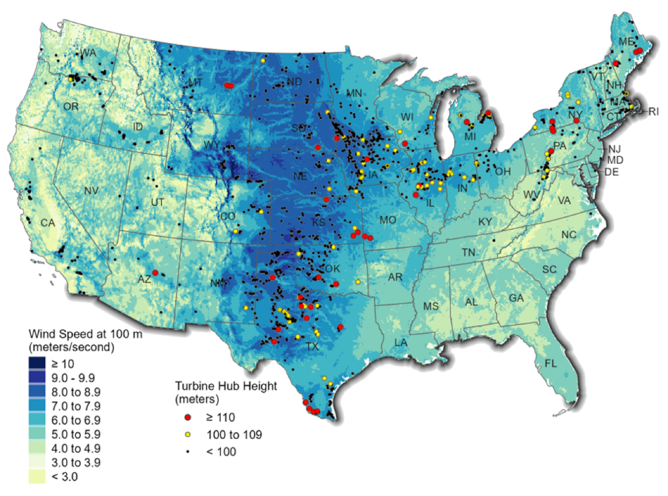 Location of tall-tower turbine installations from the Land-Based Wind Market Report: 2024 Edition.