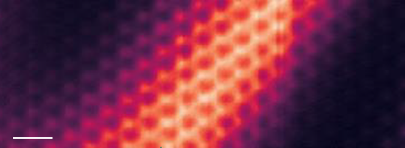 Scanning tunneling microscope map of a device made of three atomic layers of graphene. The contrast reveals the wavefunction of a chiral interface state (bright stripe) between two insulating regions having opposite chirality (dark color sides).