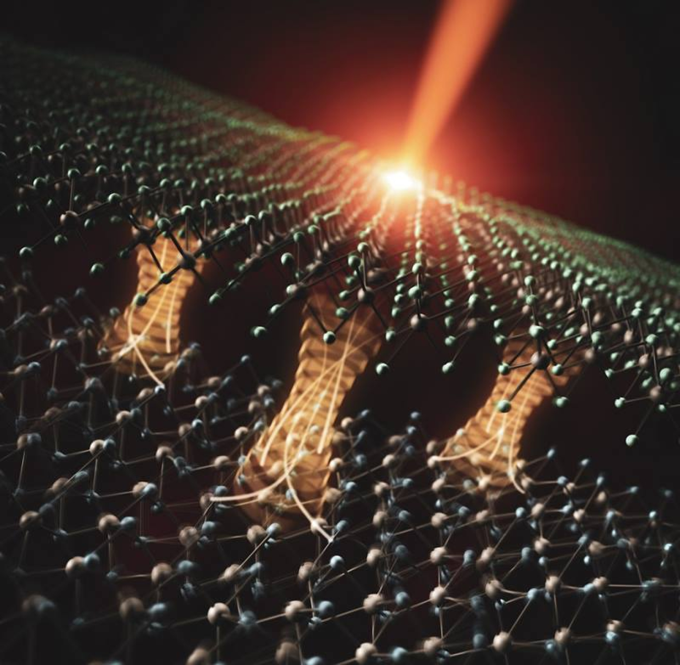 Illustration of electron transfer driven by an ultrashort laser pulse across an interface between two atomically thin materials. An electronic interlayer “bridge” state emitting lattice vibrations in the layers facilitates this electron transfer.