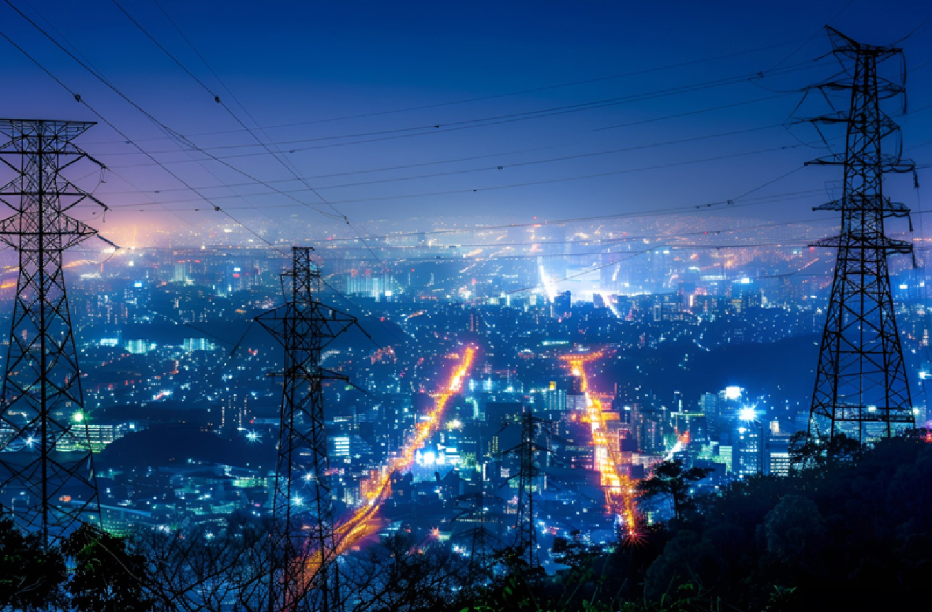 A vibrant photograph shows a cityscape scene in dark blue with power lines in black and street traffic in orange. The picture is taken from a hill with the city laid out below at night, with lights. The art goes with funding announced by the Department of Energy that will go to planning and implementing solutions that bolster the reliability of the nation’s power grid and ensure affordable access to clean energy for all Americans.